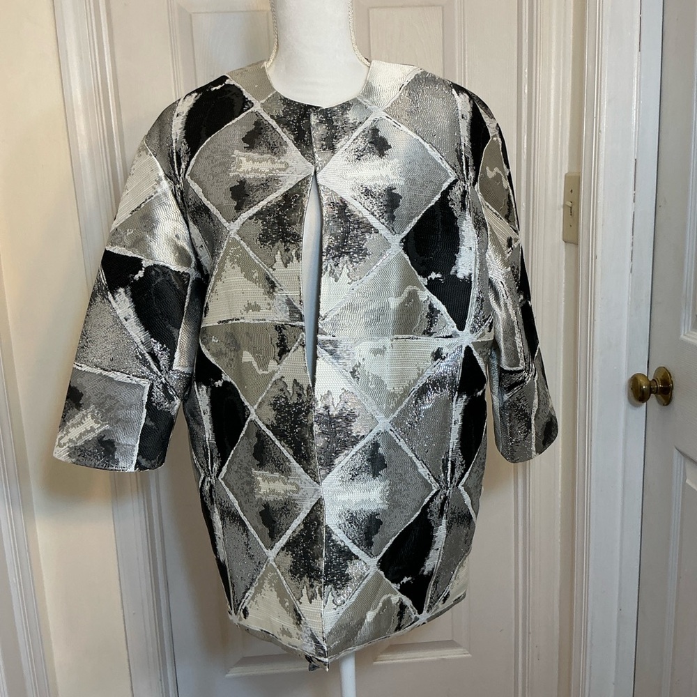 Anne Klein Metallic Geometric Jacket Top Size Large Structured Open Front